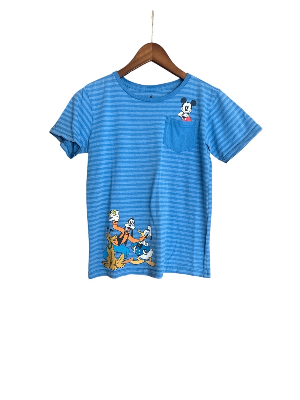 Disney Blue Striped Short Sleeve Tee with Mickey & Friends Pocket
